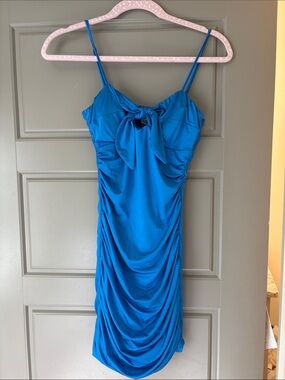 pleated backless dress Royal Blue V-Neck Pleated Backless Bodycon Mini Dress – Modsele main image 1